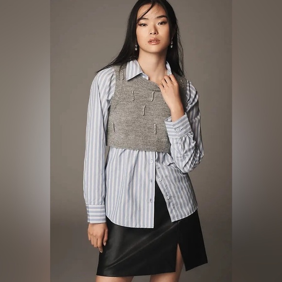 NWT! Anthropologie Maeve Embellished Crop Vest & Buttondown Twofer Top - XXS 🐬🧢 - Picture 1 of 7
